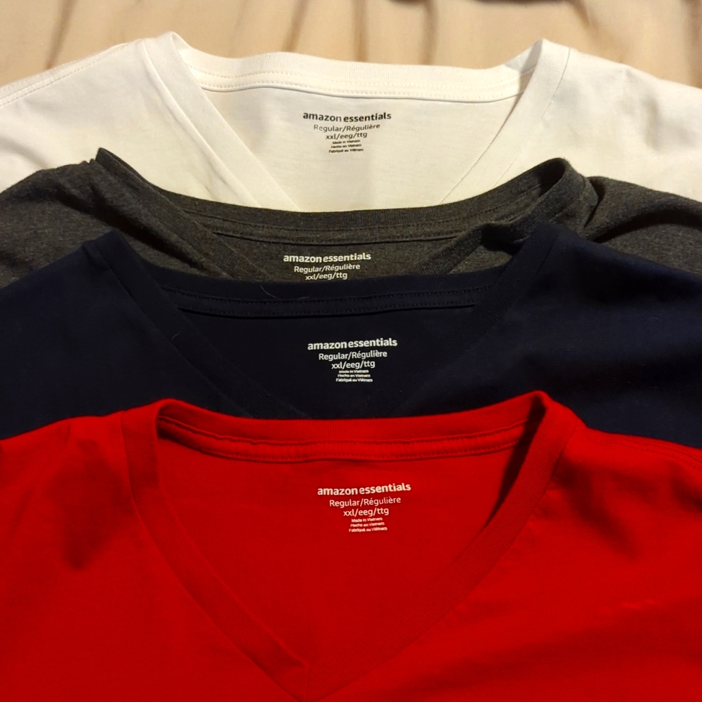 Bundle of Four (4) Amazon Essentials Reg Fit VNeck Shirts in Assorted Colors XXL
